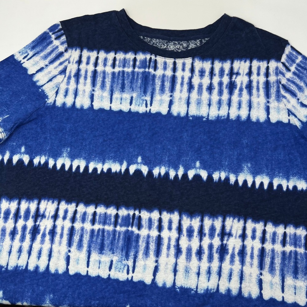 Talbots Plus Womens 2X Blue Tie Dye Linen Blend Crewneck Tee Short Sleeve Shirt